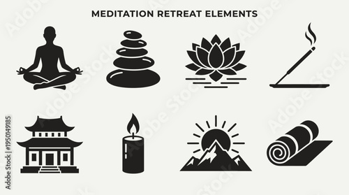 Meditation Wellness Vector Silhouette Icon Set Featuring Prayer Pose, Balanced Stones, Lotus Flower, Incense, Pagoda Temple, Candle, Mountain Sunrise, and Yoga Mat for Mindfulness and Design Use