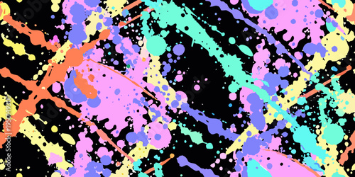 Fotografie Colorful paint splatters and streaks against a solid black background