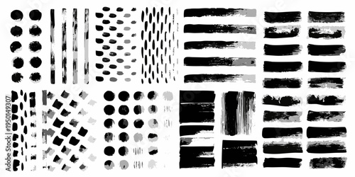 Abstract arrangement of black and gray brushstroke patterns on white