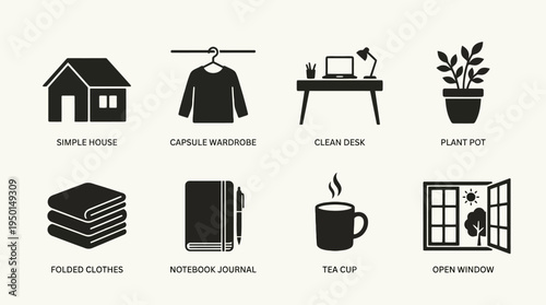 Home Lifestyle Vector Silhouette Icon Set Featuring House, Clothes Rack, Desk Setup, Potted Plant, Towels, Notebook, Coffee Cup, and Window Scene for Comfort and Design Use
