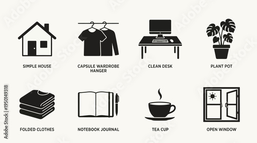 Home Lifestyle Vector Silhouette Icon Set Featuring House, Clothes Rack, Desk Setup, Potted Plant, Towels, Notebook, Coffee Cup, and Window Scene for Comfort and Design Use