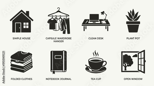 Home Lifestyle Vector Silhouette Icon Set Featuring House, Clothes Rack, Desk Setup, Potted Plant, Towels, Notebook, Coffee Cup, and Window Scene for Comfort and Design Use
