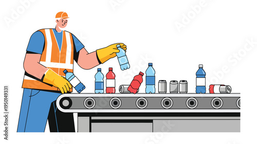 Recycling process: A diligent worker manages the flow of materials on a conveyor belt in a recycling facility, highlighting the efforts towards environmental sustainability. 