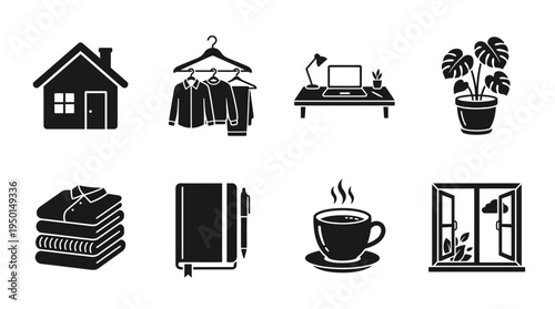 Home Lifestyle Vector Silhouette Icon Set Featuring House, Clothes Rack, Desk Setup, Potted Plant, Towels, Notebook, Coffee Cup, and Window Scene for Comfort and Design Use
