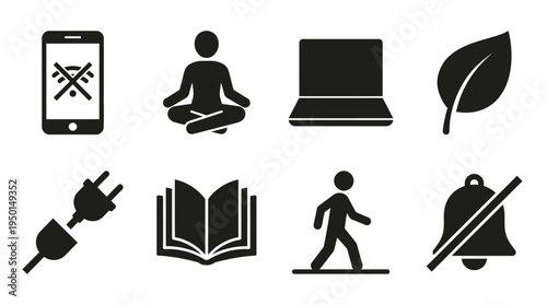 Digital Wellness Vector Silhouette Icon Set Featuring No Phone, Meditation Pose, Laptop, Leaf, Unplugged Plug, Book, Walking Person, and Silent Bell for Lifestyle and Design Use