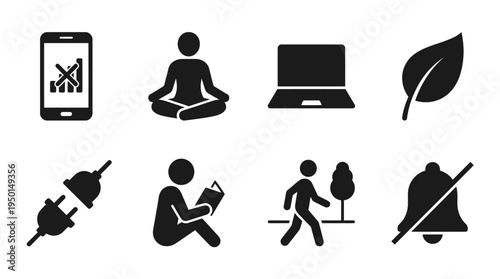 Digital Wellness Vector Silhouette Icon Set Featuring No Phone, Meditation Pose, Laptop, Leaf, Unplugged Plug, Book, Walking Person, and Silent Bell for Lifestyle and Design Use
