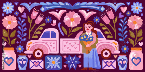 A woman with flowers stands beside a vintage pink car in a floral scene