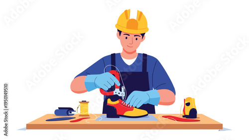 Artisan Crafting Footwear: A skilled artisan meticulously works on a pair of shoes, focusing on the details of his craft. He demonstrates precision and dedication to his work.