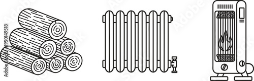 Set of home heating elements minimalist line art icons for energy and warmth concepts isolated on white background