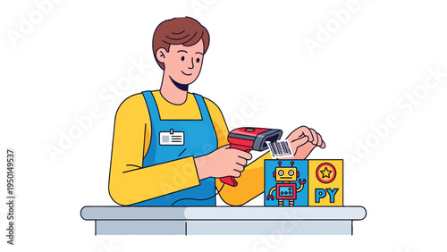 Barcode Scanning in Toy Store: A shop assistant scans a barcode on a toy box in a bright, inviting shop setting, highlighting the efficiency and organization of modern retail.