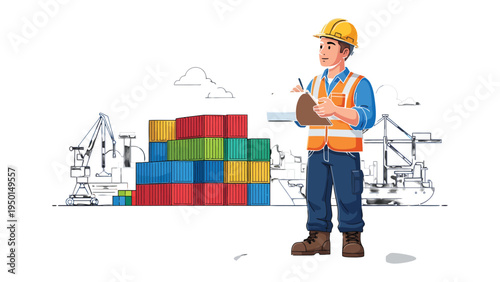 Overseeing the Logistics: A diligent professional, clad in safety attire, oversees cargo containers at a bustling port.