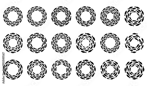Spiral fish school silhouette marine swarm swirl composition vector set isolated on white background