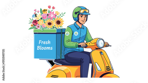 Floral Courier in Motion: A vibrant scene captures the cheerful delivery of fresh blooms by a courier on a scooter, a picture of swift and delightful service.