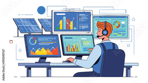 Solar Panel Monitor Operator: An operator monitors solar panels and real-time data on multiple screens in a modern control center, ensuring optimal performance and efficiency. 