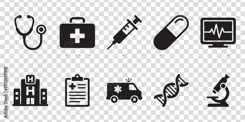 Healthcare and Medical fill Icon Set – Hospital, Stethoscope, Syringe, DNA and Ambulance Solid Vector Icons