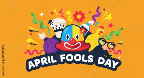 Colorful april fools day celebration emblem with smiling face and confetti on orange background