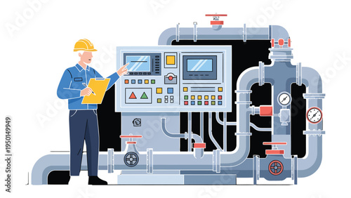 Engineer Inspecting Machinery: An engineer, diligently inspects a complex system, meticulously reviewing controls and valves.