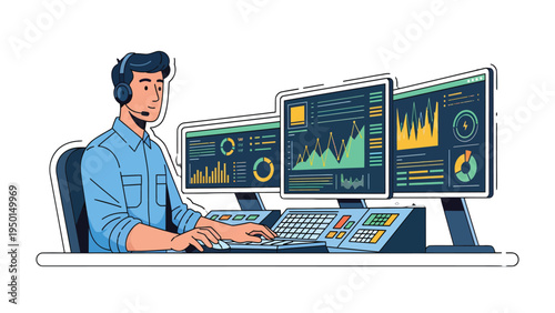Tech Analyst Analyzing Data: A tech analyst, immersed in the digital realm, expertly navigates intricate data visualizations across multiple screens, utilizing advanced technology and headset. 