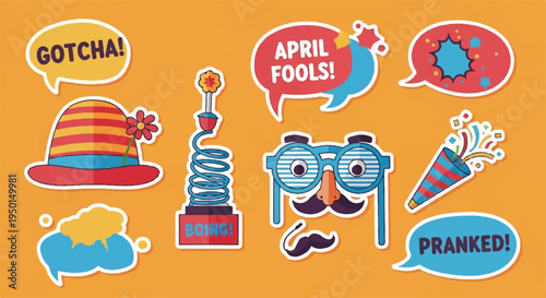 Colorful april fools' day stickers and prank icons on orange background with humorous phrases