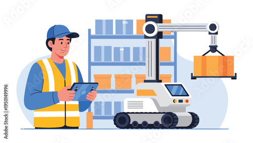 Warehouse Automation: A warehouse worker overseeing a robotic arm placing a box, showcasing industry innovation and technology integration.