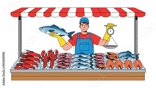Fresh Catch on Display: A vibrant seafood market scene showcasing a vendor at his stall, artfully arranging a diverse array of fresh catches, weighing a sizable fish.