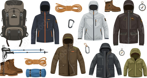 Outdoor Hiking and Camping Gear Vector Set Featuring Waterproof Jackets, Backpack, Trekking Poles, Rope, Carabiner, Hiking Boots, Sleeping Mat, and Adventure Equipment Collection