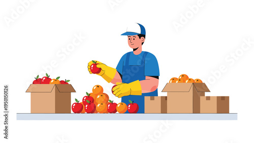 Apple Harvest: A diligent worker in a clean uniform carefully sorts freshly picked apples, arranging them in neat boxes.