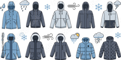 Winter Weather Jacket Collection Vector Set Featuring Waterproof Parkas, Hooded Coats, Puffer Jackets and Cold Season Outerwear with Snow Rain Wind Icons