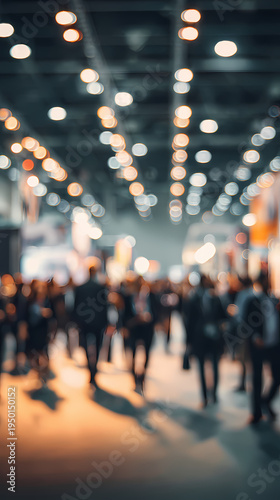 Arte abstracto de una feria profesional animada con multitud en movimiento e iluminación cálida	
