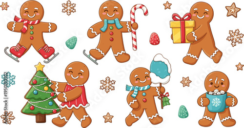 Christmas Gingerbread Cookie Character Set Featuring Ice Skating, Tree Decorating, Gift Giving, Candy Cane, and Holiday Treats for Festive Winter Celebrations