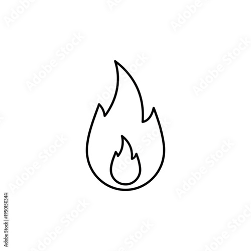 Minimalist black and white vector image featuring a stylized double flame icon representing fire, heat, energy, and combustion on a plain white background.