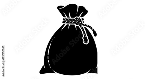 Solid black vector image of a tied drawstring sack or burlap bag used for storing grain, flour, sand, or heavy industrial dry goods.