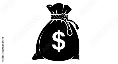 Detailed vector image of a large money bag silhouette featuring a prominent dollar sign symbol representing wealth, banking, finance, and capital investment savings.