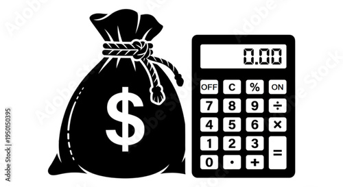 Professional vector image combining a large money bag with a dollar sign and an electronic calculator for financial planning and wealth management concepts.