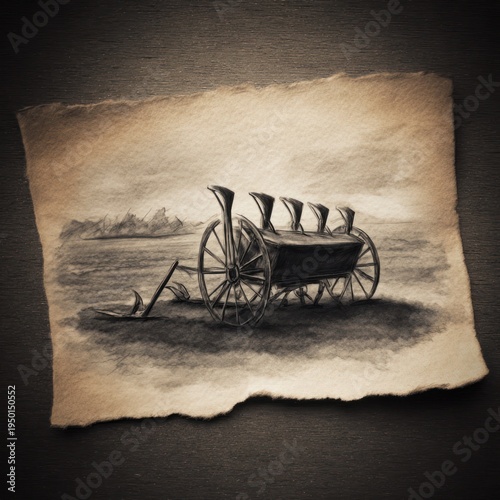 Monochrome sketch of an old, weathered wagon in a field, rendered on aged paper