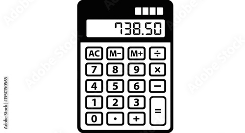 A detailed black and white vector image of a standard handheld electronic calculator with various function buttons and a digital numerical display screen.