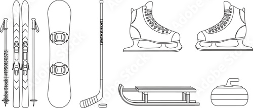 Set of winter sports equipment icons featuring skis snowboard ice skates and sled rendered in a minimalist outline vector style for seasonal recreation designs