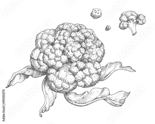 Set of the cauliflowers. Vector ink styled handmade illustration. For packaging design, cards, cover, prints, product labels and fabric.
