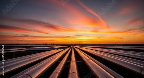 Complex network of oil and gas pipelines at industrial facility at sunset. Mix of nature and industry. Ecology and environmental issues. Transportation of natural gas, crude oil or refined products
