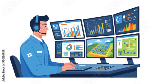 Tech Support Specialist in Command: A tech support specialist focused on multiple screens filled with data and graphs, ensuring smooth system operations.