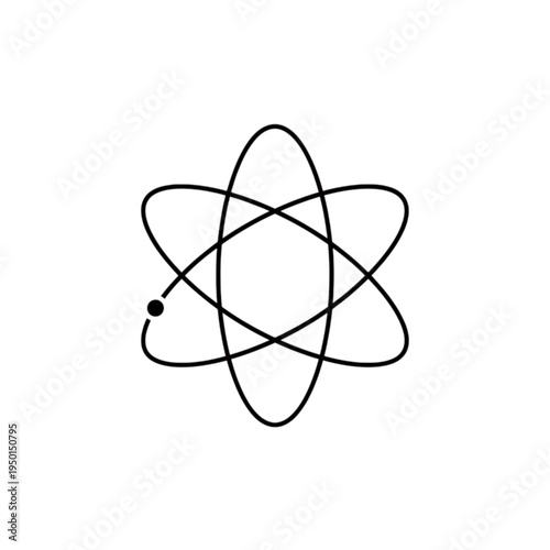 Minimalist atomic model vector image featuring three elliptical electron orbits around a central nucleus representing basic chemistry principles and fundamental scientific structure.