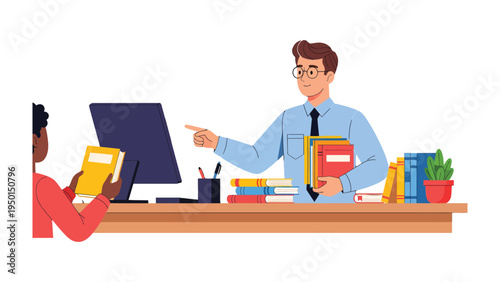 Library Learning: An illustration capturing a librarian assisting a student with book selection and academic support, fostering a culture of knowledge, engagement, and lifelong learning.