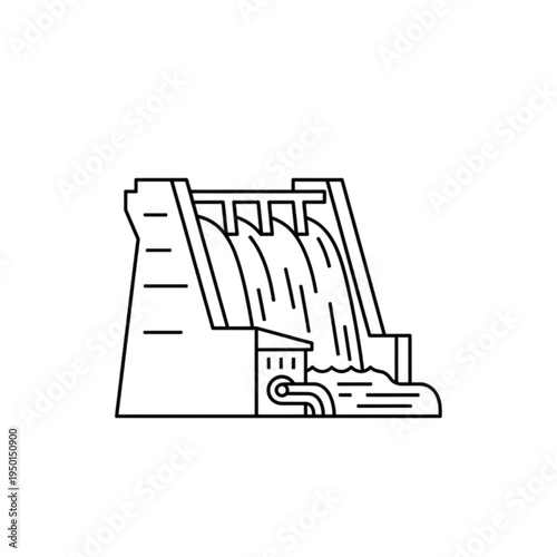 A detailed architectural vector image showing a massive hydroelectric dam with water flowing through spillways to generate clean and renewable electrical energy sources.