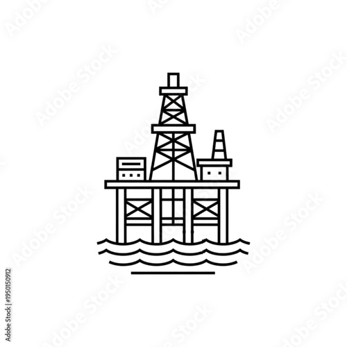 A technical vector image of an offshore oil rig platform situated in the ocean for the extraction of fossil fuels and natural gas resources.