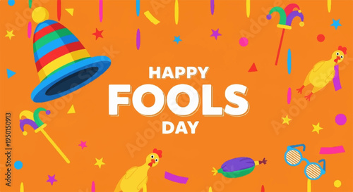 Vibrant april fools' day celebration background with colorful confetti party hat and whimsical elements on orange