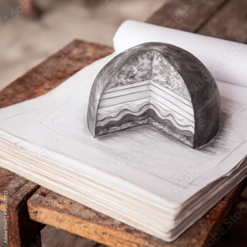 Cross-section model rests on sketches, demonstrating layers