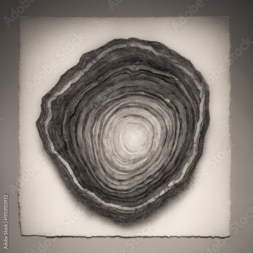 A monochrome circular artwork on textured paper, resembling tree rings or a geological formation