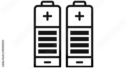 A clear black and white vector image displaying two standard cylindrical batteries with positive charge symbols representing portable energy storage and power supply.