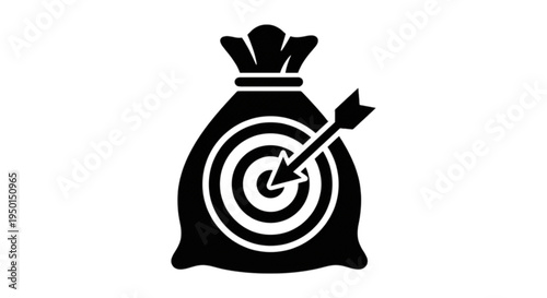 A bold black vector image of a money sack featuring a bullseye target and an arrow hitting the center for financial goal success.