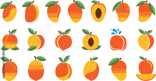 Mango and peach fruit icon collection with slices and whole fruits. Fresh tropical summer fruit set for smoothie, dessert, grocery and healthy food design.